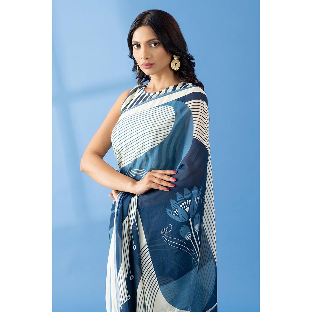 Thee Modern Roots Slate Blue Abstract Printed Georgette Saree with Unstitched Blouse