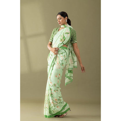 Thee Modern Roots Pastel Green Printed and Embroidered Georgette Saree with Unstitched Blouse