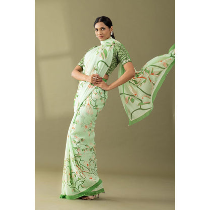 Thee Modern Roots Pastel Green Printed and Embroidered Georgette Saree with Unstitched Blouse
