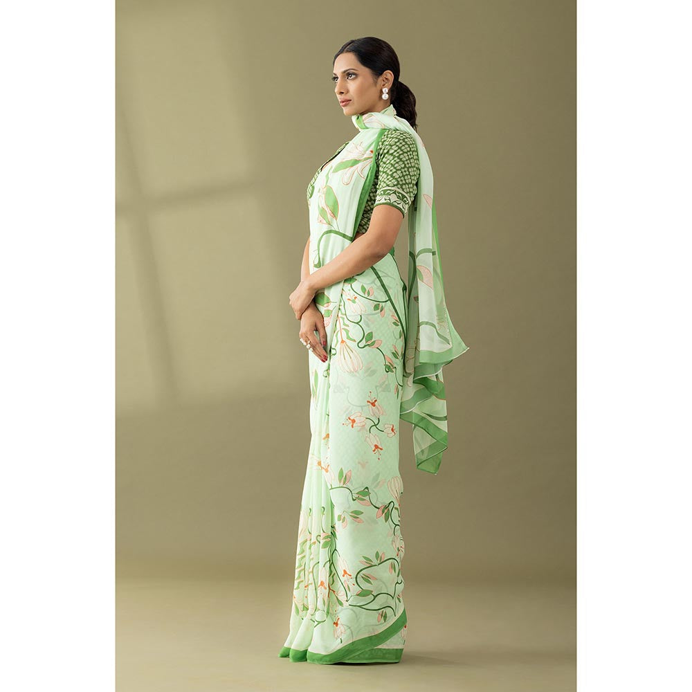 Thee Modern Roots Pastel Green Printed and Embroidered Georgette Saree with Unstitched Blouse