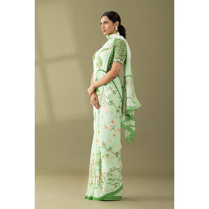 Thee Modern Roots Pastel Green Printed and Embroidered Georgette Saree with Unstitched Blouse