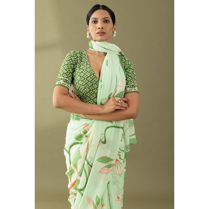 Thee Modern Roots Pastel Green Printed and Embroidered Georgette Saree with Unstitched Blouse