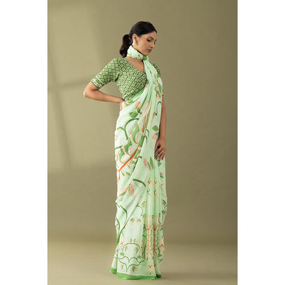 Thee Modern Roots Pastel Green Printed and Embroidered Georgette Saree with Unstitched Blouse