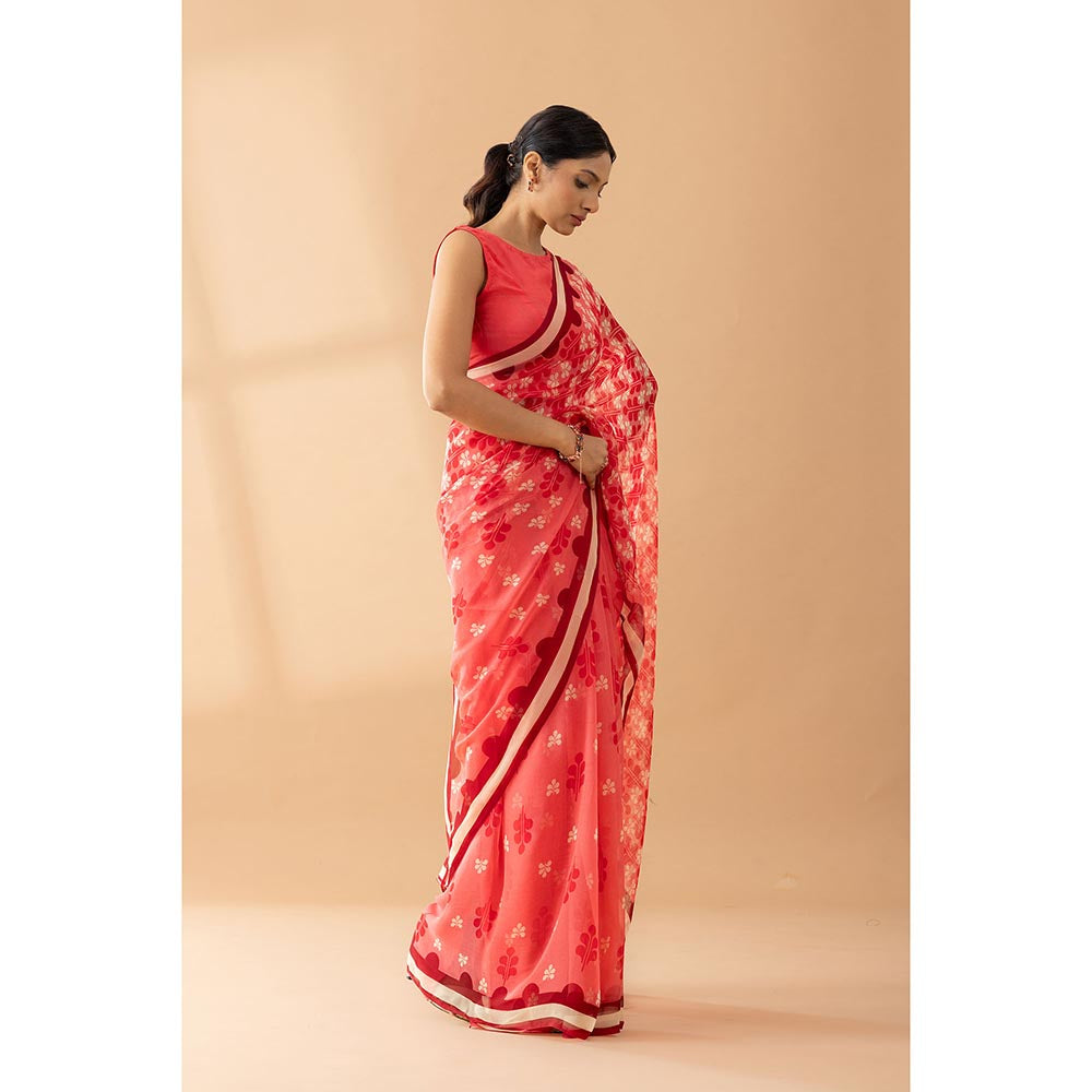 Thee Modern Roots Watermelon Red Petal Shower Printed Chiffon Saree with Unstitched Blouse
