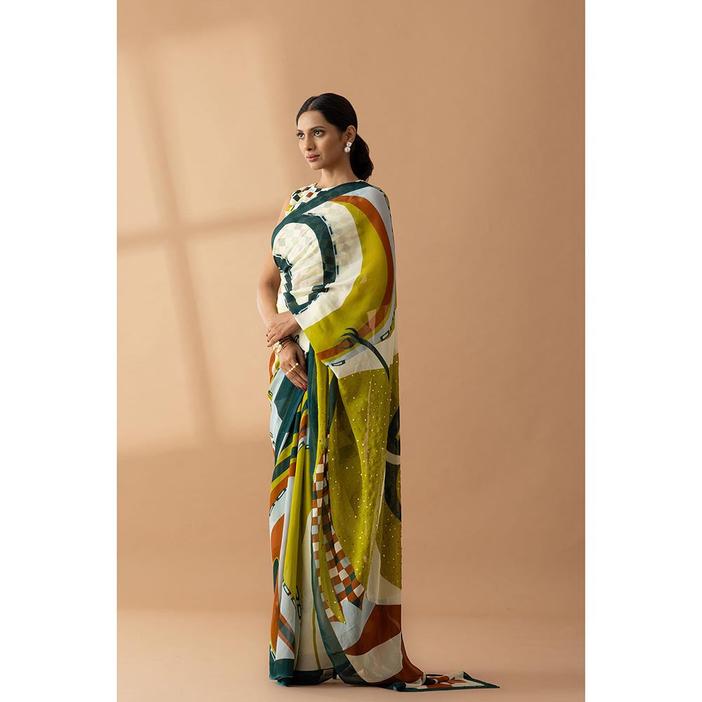 Thee Modern Roots Light Olive Printed and Embellished Georgette Saree with Unstitched Blouse