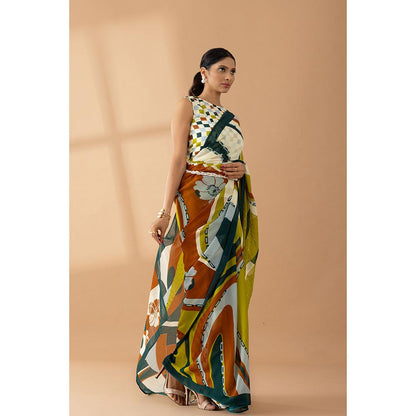 Thee Modern Roots Light Olive Printed and Embellished Georgette Saree with Unstitched Blouse