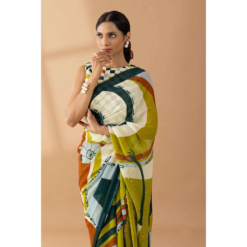 Thee Modern Roots Light Olive Printed and Embellished Georgette Saree with Unstitched Blouse
