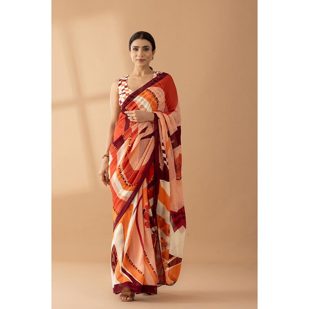 Thee Modern Roots Whimsical Swirls Rust Printed and Embellished Saree with Unstitched Blouse
