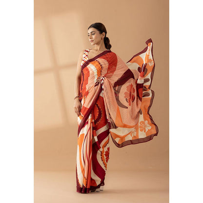 Thee Modern Roots Whimsical Swirls Rust Printed and Embellished Saree with Unstitched Blouse