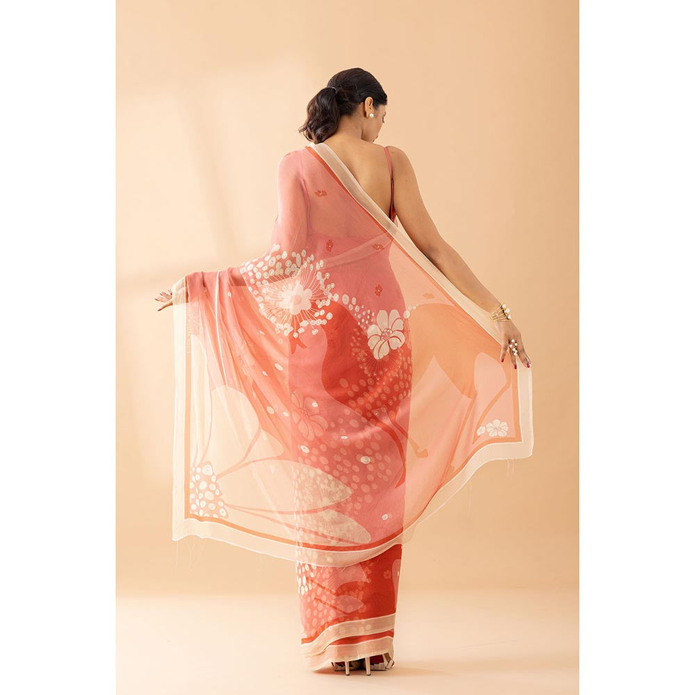 Thee Modern Roots Peach Fuzz Printed and Embroidered Chiffon Saree with Unstitched Blouse