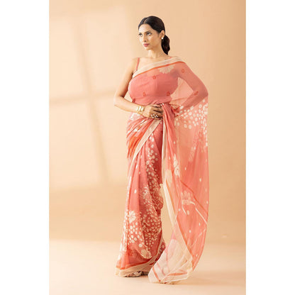 Thee Modern Roots Peach Fuzz Printed and Embroidered Chiffon Saree with Unstitched Blouse
