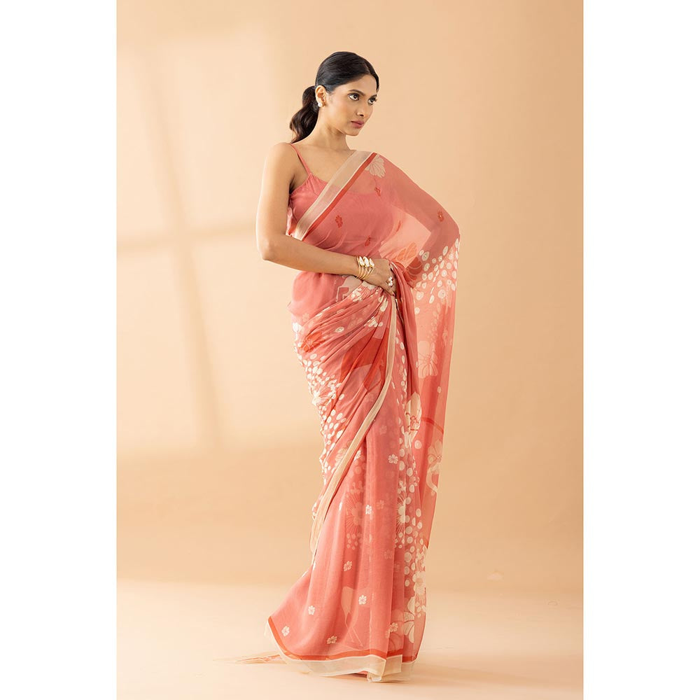 Thee Modern Roots Peach Fuzz Printed and Embroidered Chiffon Saree with Unstitched Blouse