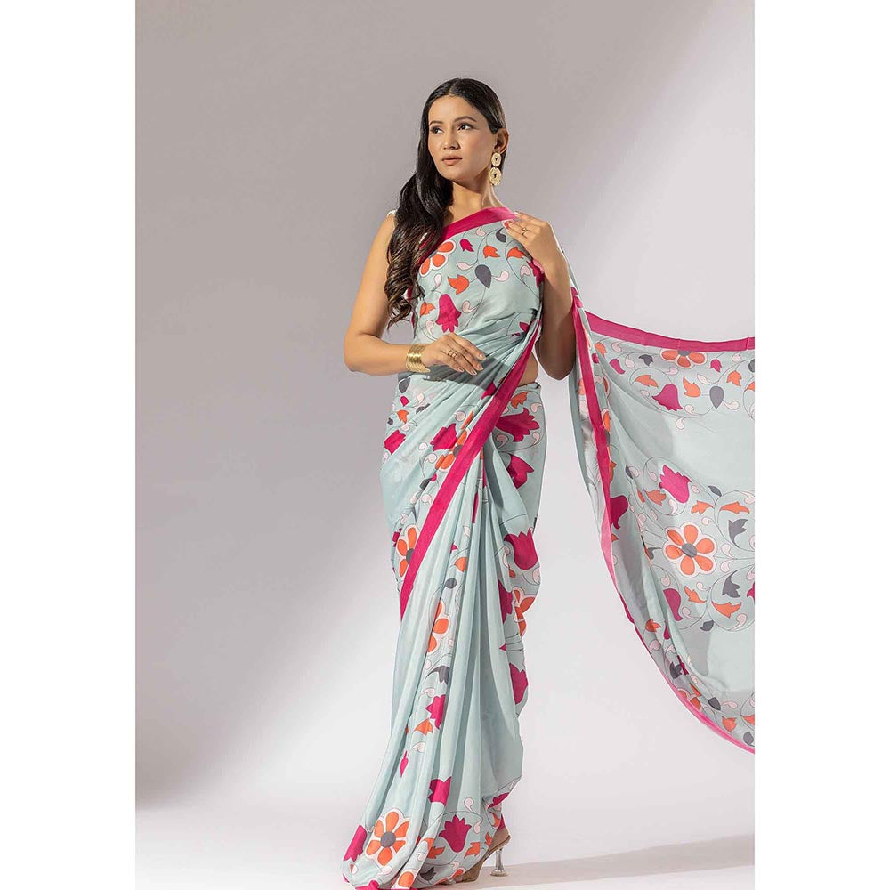 Thee Modern Roots Bouquet Breeze Floral Printed Crepe Saree with Unstitched Blouse