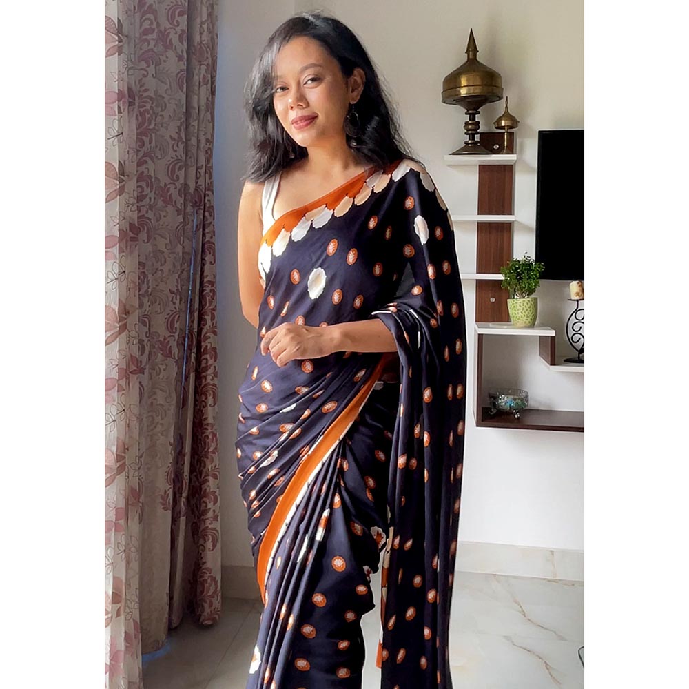 Thee Modern Roots Dreamy Lotus Printed Satin Georgette Saree with Unstitched Blouse