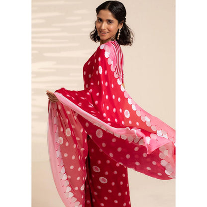 Thee Modern Roots Floating Petals Printed Satin Georgette Saree with Unstitched Blouse