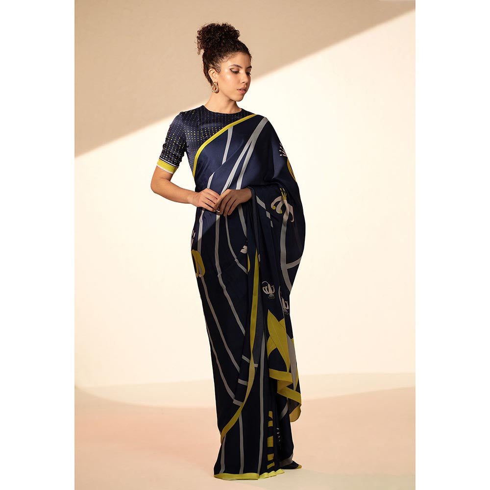 Thee Modern Roots Floral Orbit Printed Satin Georgette Saree with Unstitched Blouse