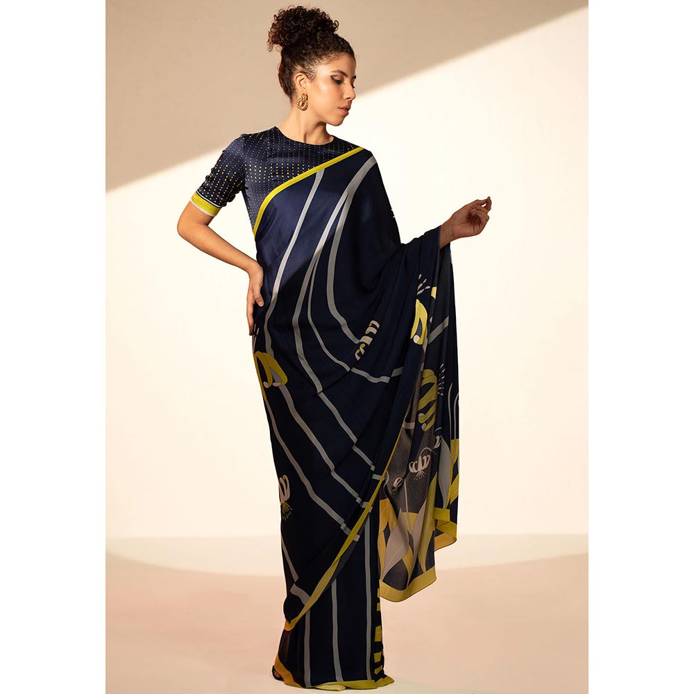Thee Modern Roots Floral Orbit Printed Satin Georgette Saree with Unstitched Blouse