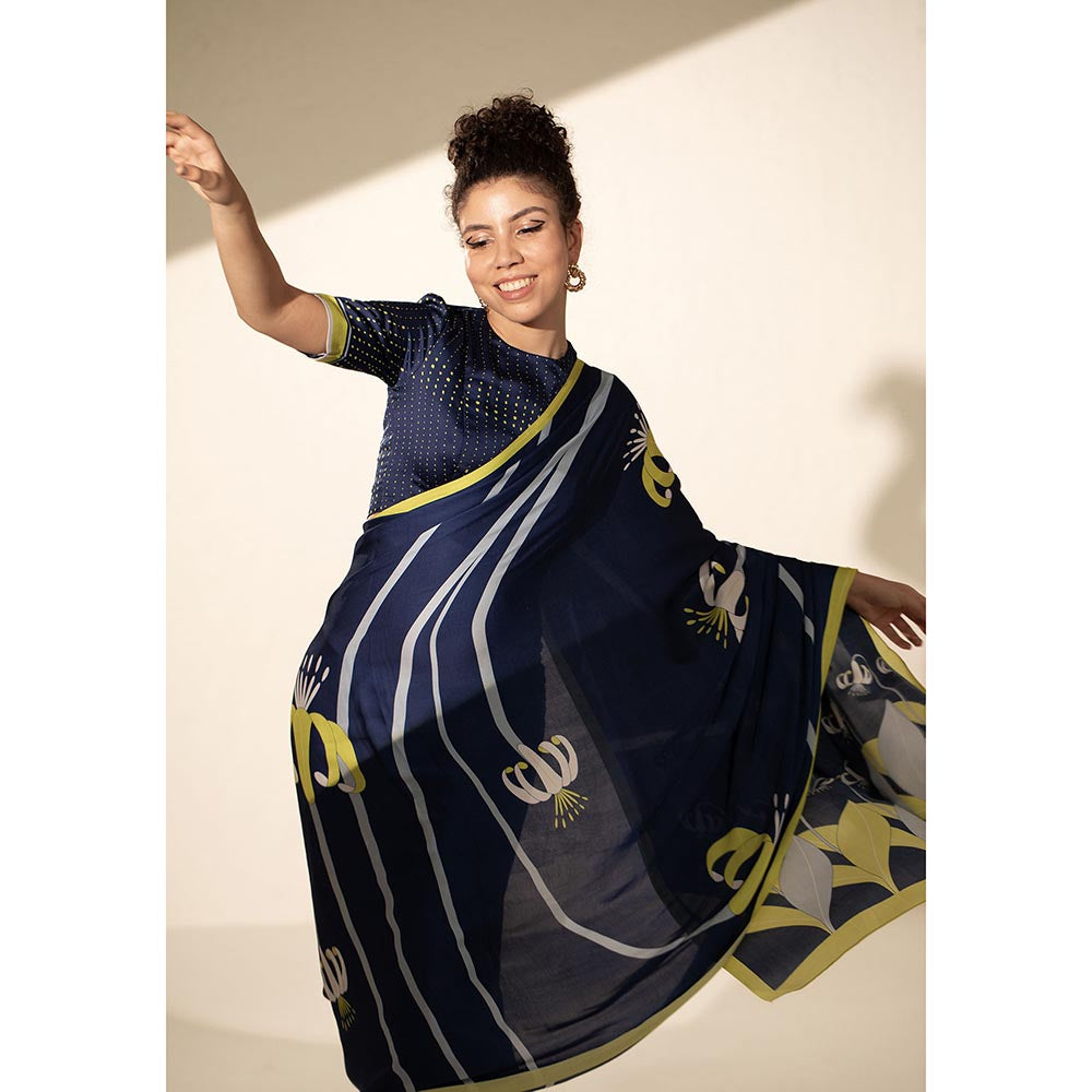 Thee Modern Roots Floral Orbit Printed Satin Georgette Saree with Unstitched Blouse