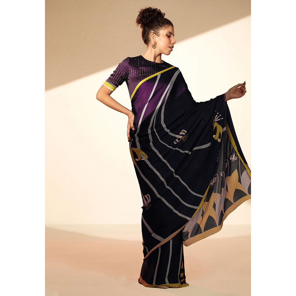 Thee Modern Roots Floral Swirl Printed Satin Georgette Saree with Unstitched Blouse
