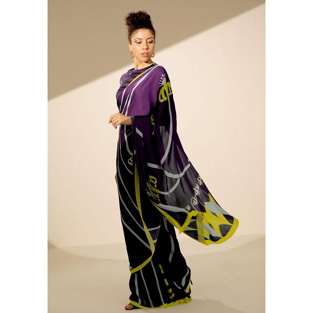 Thee Modern Roots Floral Swirl Printed Satin Georgette Saree with Unstitched Blouse