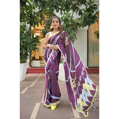 Thee Modern Roots Floral Swirl Printed Satin Georgette Saree with Unstitched Blouse