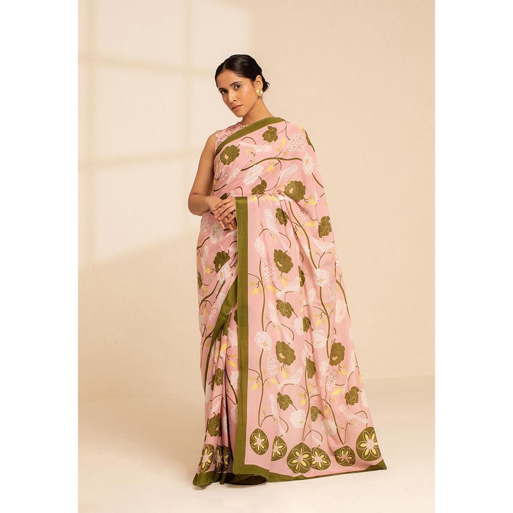 Thee Modern Roots Paradise Blooms Printed Crepe Saree with Unstitched Blouse