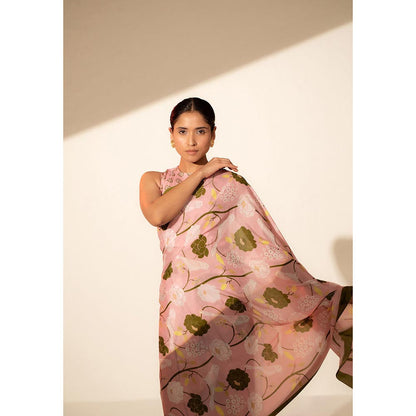 Thee Modern Roots Paradise Blooms Printed Crepe Saree with Unstitched Blouse