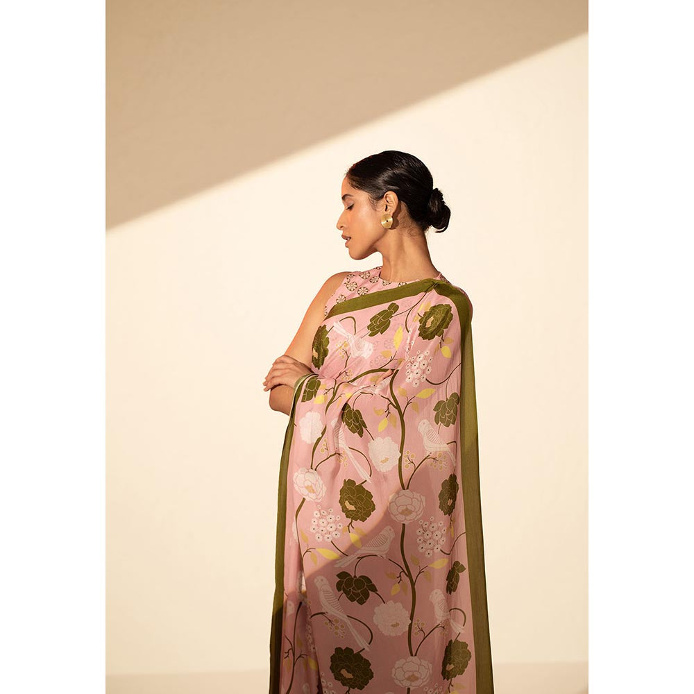 Thee Modern Roots Paradise Blooms Printed Crepe Saree with Unstitched Blouse