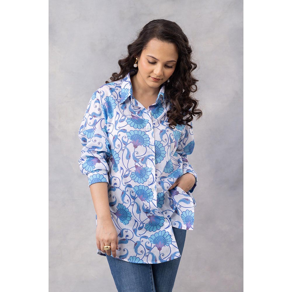 Thee Modern Roots Powder Blue Vine Cotton Mul Shirt