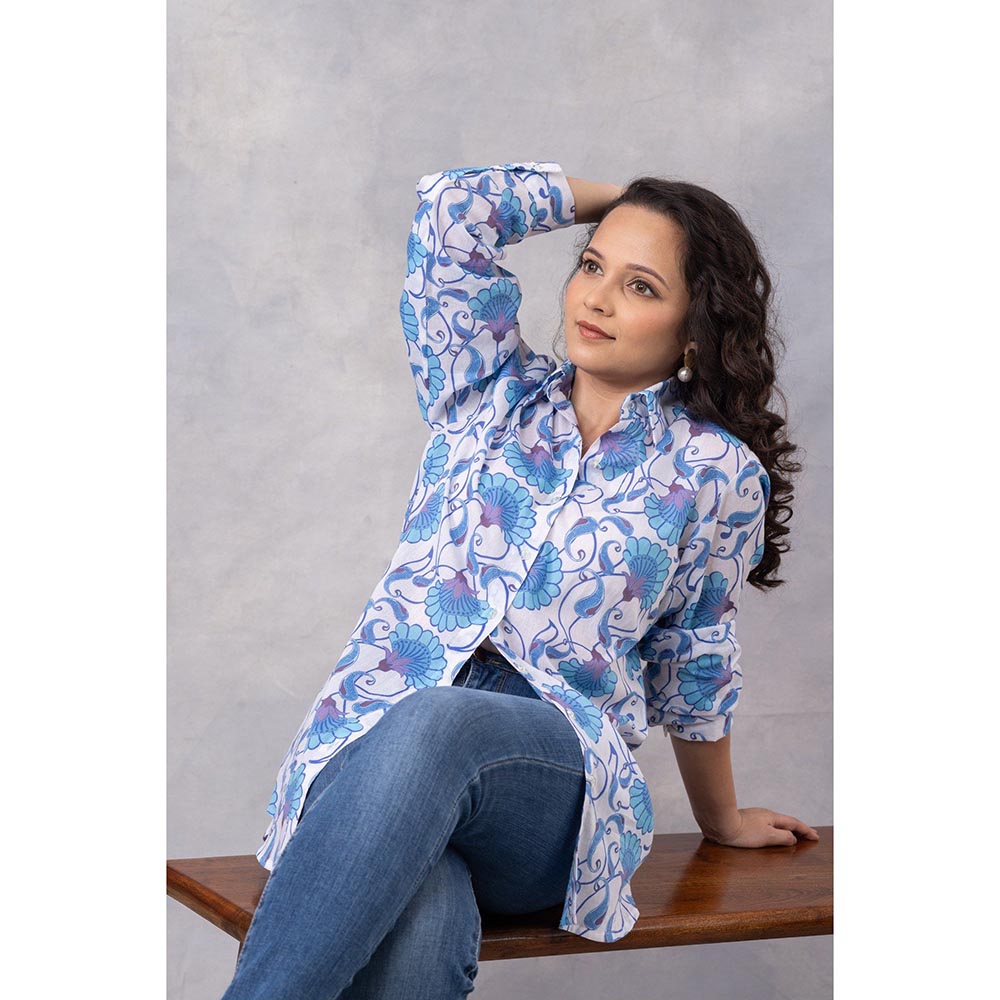 Thee Modern Roots Powder Blue Vine Cotton Mul Shirt
