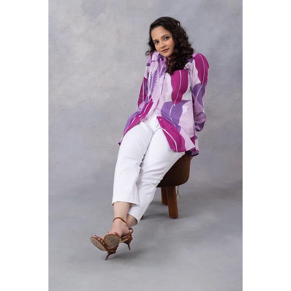 Thee Modern Roots Tropical Purple Cotton Mul Printed Shirt