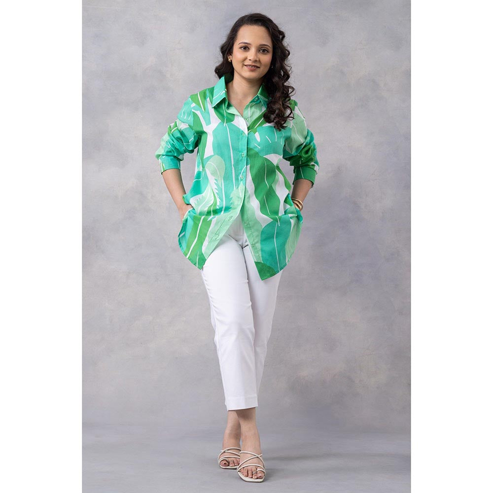 Thee Modern Roots Tropical Green Cotton Mul Printed Shirt