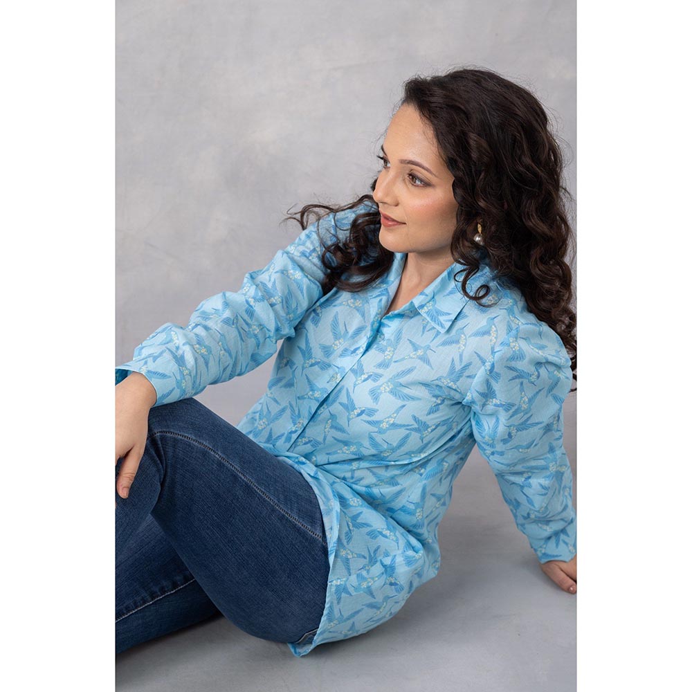 Thee Modern Roots Ice Blue Floral Flight Cotton Mul Printed Shirt