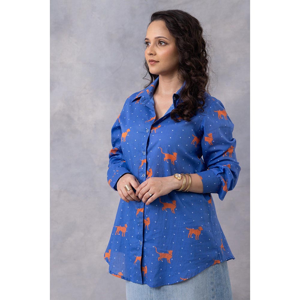 Thee Modern Roots Cobalt Blue Paws And Tails Cotton Mul Printed Shirt