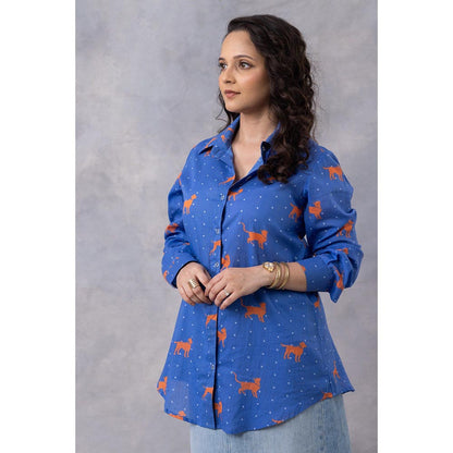 Thee Modern Roots Cobalt Blue Paws And Tails Cotton Mul Printed Shirt