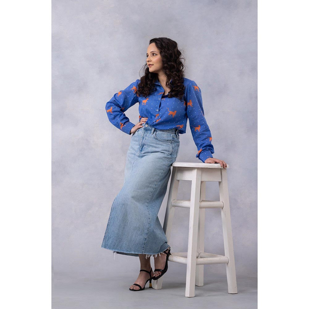 Thee Modern Roots Cobalt Blue Paws And Tails Cotton Mul Printed Shirt