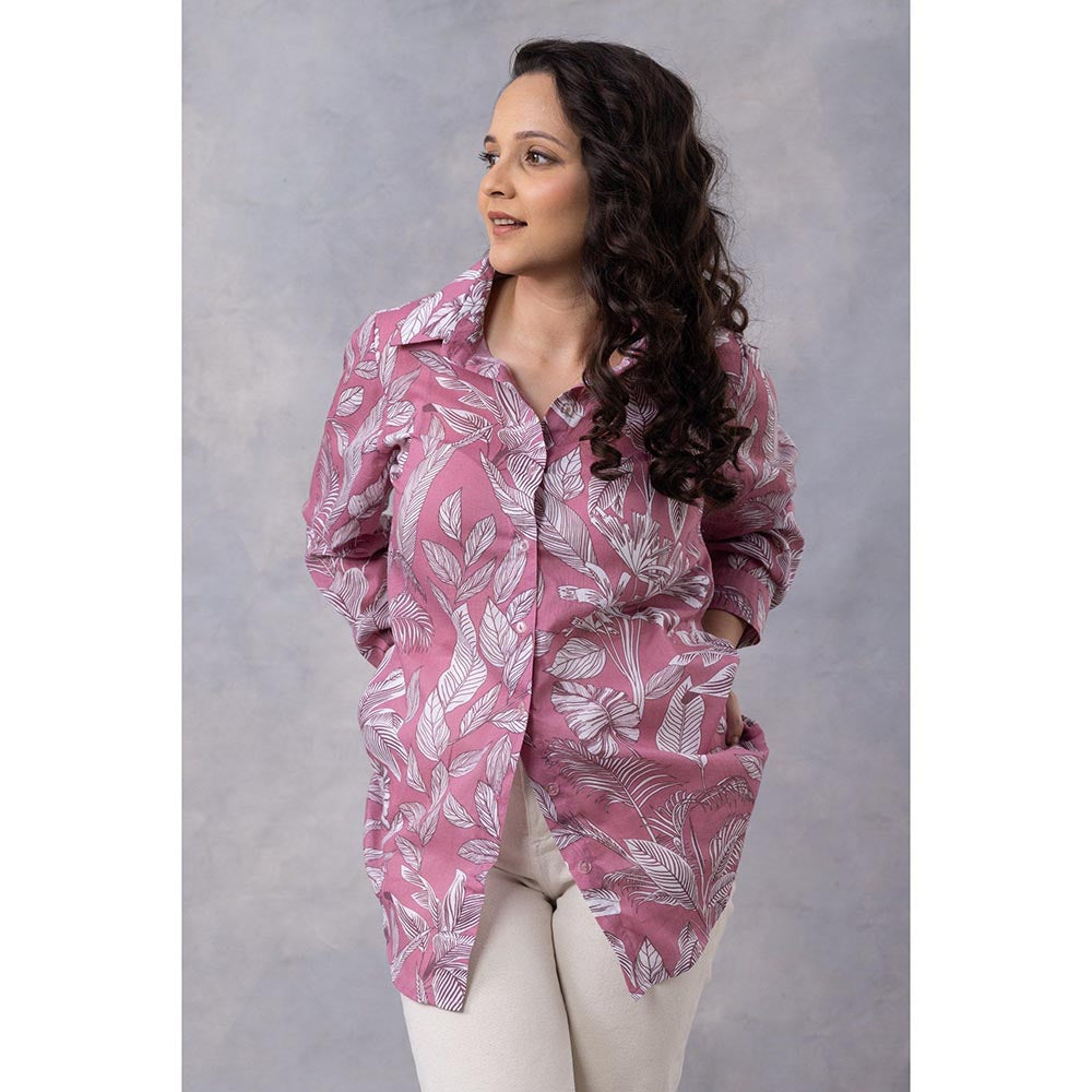 Thee Modern Roots Rosewood Tropical Print Cotton Mul Shirt - Pink