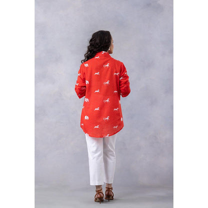Thee Modern Roots Poppy Red Horse Print Cotton Mul Shirt
