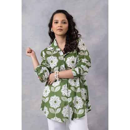 Thee Modern Roots Green Floral Print Cotton Mul Shirt