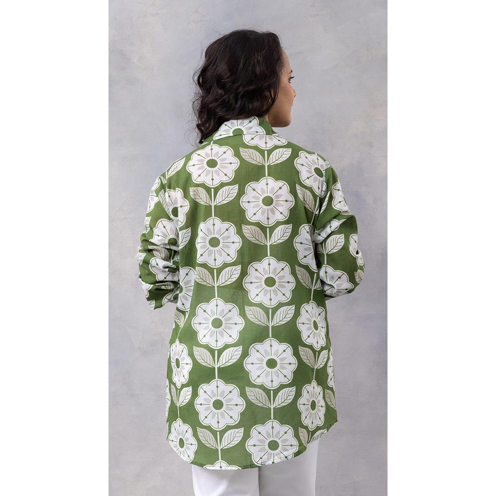 Thee Modern Roots Green Floral Print Cotton Mul Shirt