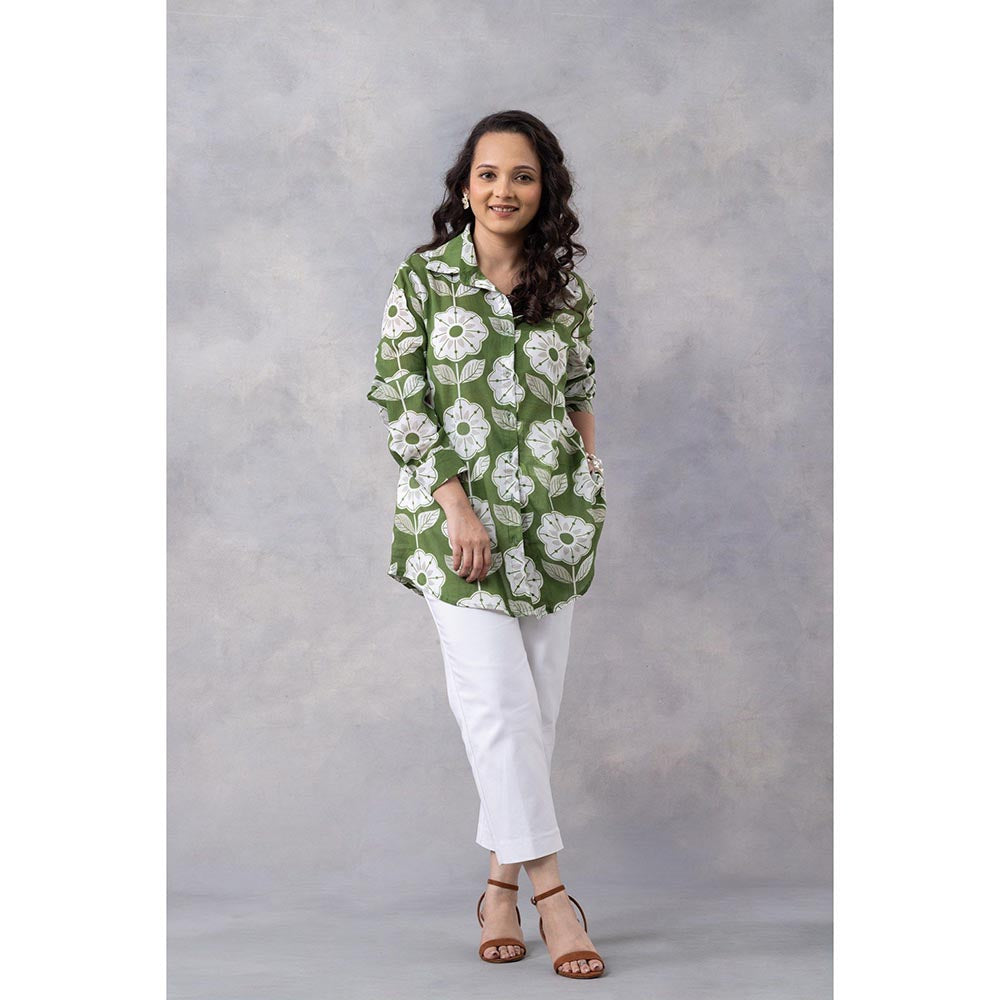 Thee Modern Roots Green Floral Print Cotton Mul Shirt