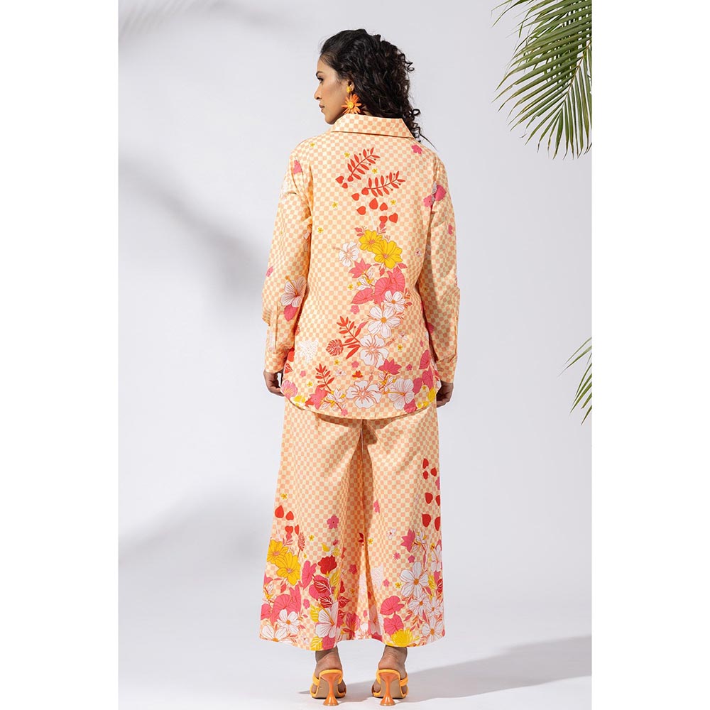 Thee Modern Roots Floral Checkered Sunset Pink Shirt - Peach