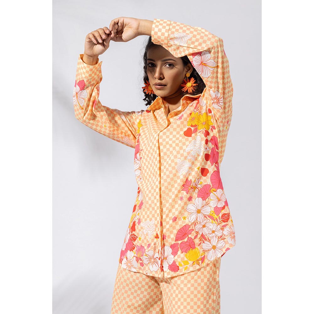 Thee Modern Roots Floral Checkered Sunset Pink Shirt - Peach