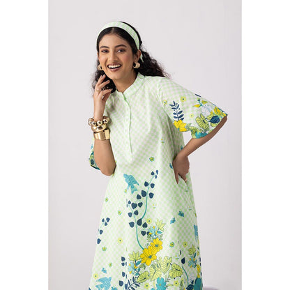 Thee Modern Roots Checkered Neon Green Kurta