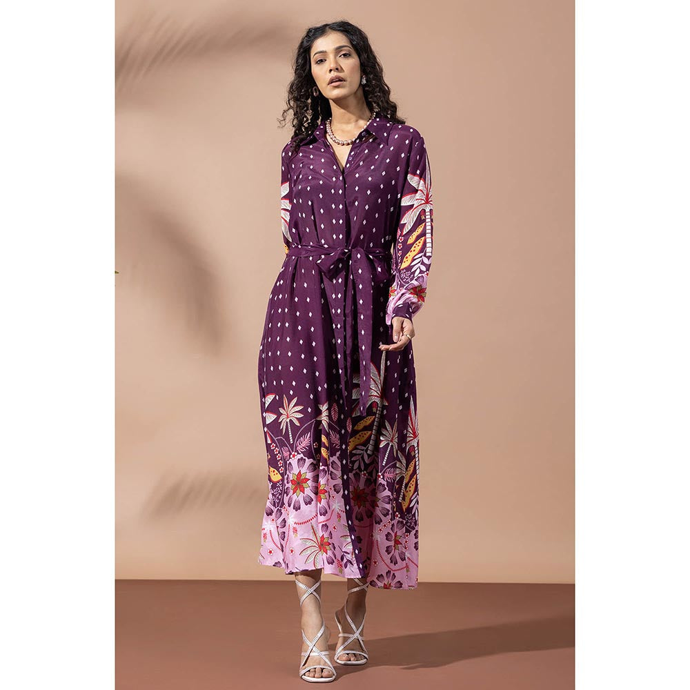 Thee Modern Roots Paradise Purple Palm Shirt Dress with Belt (Set of 2)