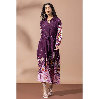 Thee Modern Roots Paradise Purple Palm Shirt Dress with Belt (Set of 2)