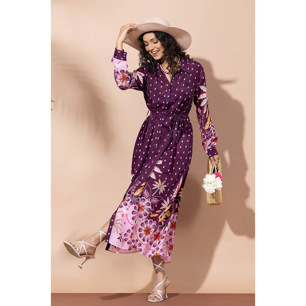 Thee Modern Roots Paradise Purple Palm Shirt Dress with Belt (Set of 2)