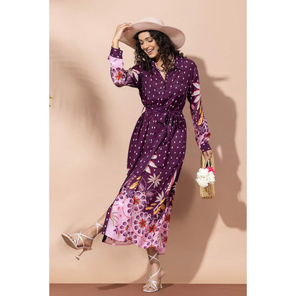 Thee Modern Roots Paradise Purple Palm Shirt Dress with Belt (Set of 2)