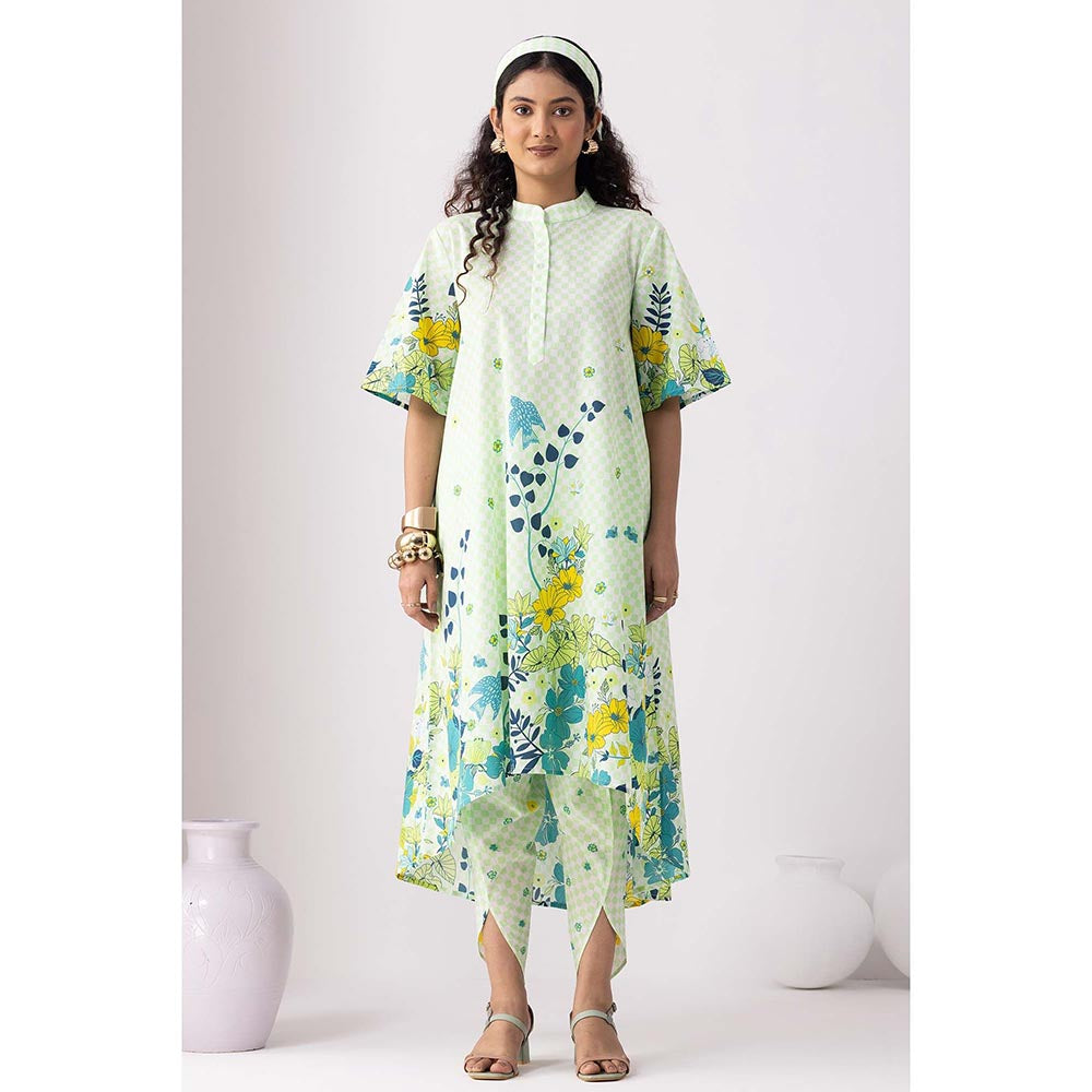 Thee Modern Roots Neon Green Checkered Floral Print Kurta and Dhoti (Set of 2)