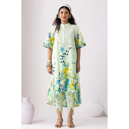 Thee Modern Roots Neon Green Checkered Floral Print Kurta and Dhoti (Set of 2)
